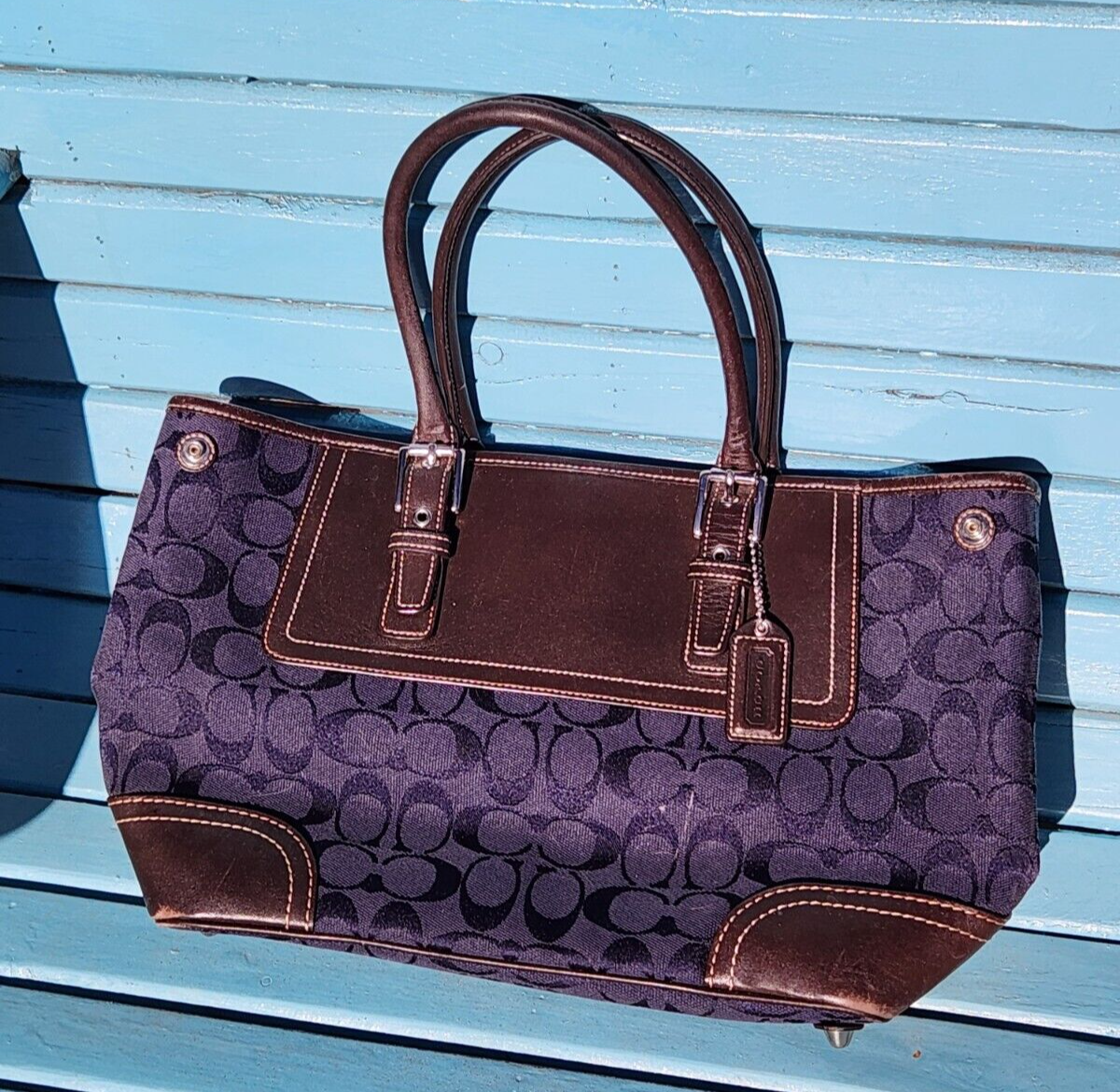COACH 11220 Signature Pattern Blue Handbag Purse Brown Handles | eBay
