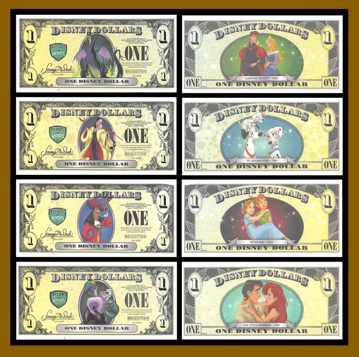 Disney 1 Dollar, 2013 Series D, 4 Matching Serial Set