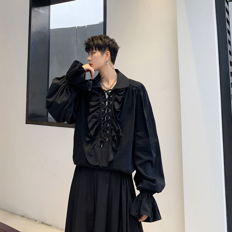 Men Ruffle Shirt Blouse Tops Lace Up Retro Gothic Flare Sleeve