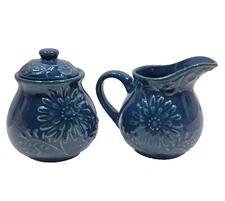 Cracker Barrel Bandana Sugar Bowl & Creamer - Deep Teal Blue Daisy Open Box 