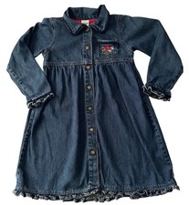 Vintage OshKosh Bgosh Girls 3t Blue Denim Floral Embroidered Ruffle Dress