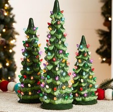 Set of 3 Pre-Lit Hand-Painted Ceramic Tabletop Christmas Trees Multicolor Lights