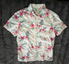 HAWAIIAN S/S Button Down SHIRT American Eagle Men’s LARGE White w Pink Flowers