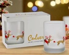 Culver Frosted Christmas Reindeer Dachshunds Double Old Fashioned Set NEW IN BOX