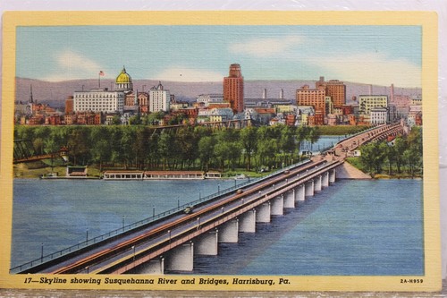 Pennsylvania PA Harrisburg Susquehanna River Bridge Skyline Postcard Old Vintage