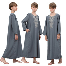 Ramadan Eid Saudi Arab Boys Long Sleeve Embroidered Abaya Daffah Jubba Kaftan