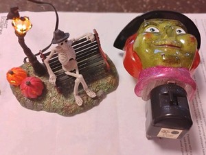 HALLOWEEN DEPT. 56 SKELETON ON BENCH  & CRACKER BARREL WITCH NIGHTLIGHT
