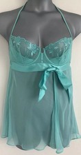 Victorias Secret Chemise Babydoll 34C Sheer Mesh Satin Lingerie Slip Dress Blue