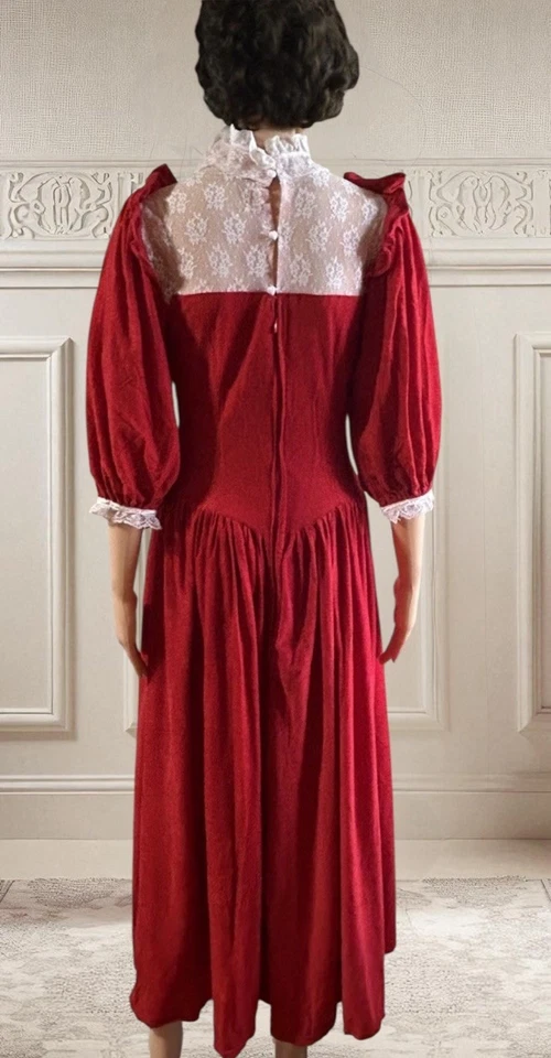 Vintage 70s Dress Victorian Velour Romantic Christmas Lace Ruffle Womens Sz 30w - Image 3 of 4