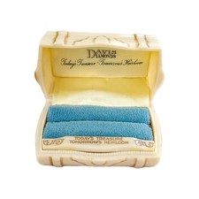 Vtg Double Ring Box Blue Velvet Lined Celluloid Beige Scrollwork Treasure Chest