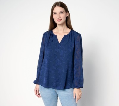 Studio Park Women's Top Sz XL x Terri Conn Clip Jacquard Chiffon Blue A691449