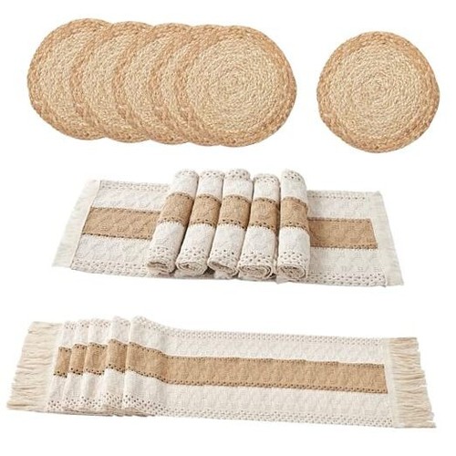 Boho Placemats Set of 13 PCS - Handmade Grass Woven Meal Mats and Natural