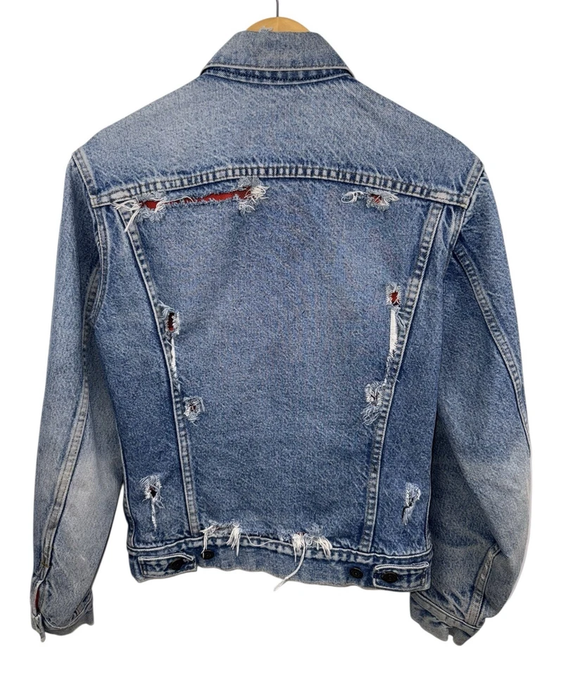 Винтажная синяя вареная клетчатая фланелевая искусственно состаренная джинсовая куртка дальнобойщика Levis размер S - Изображение 2 из 4