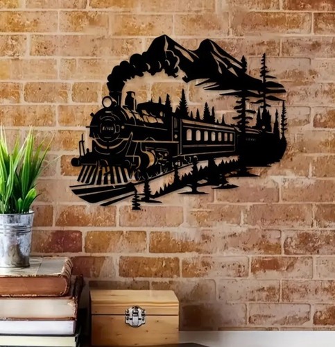 TRAIN Black Metal Sign Locomotive Hanging Decor Metal Art Mountain Backdrop