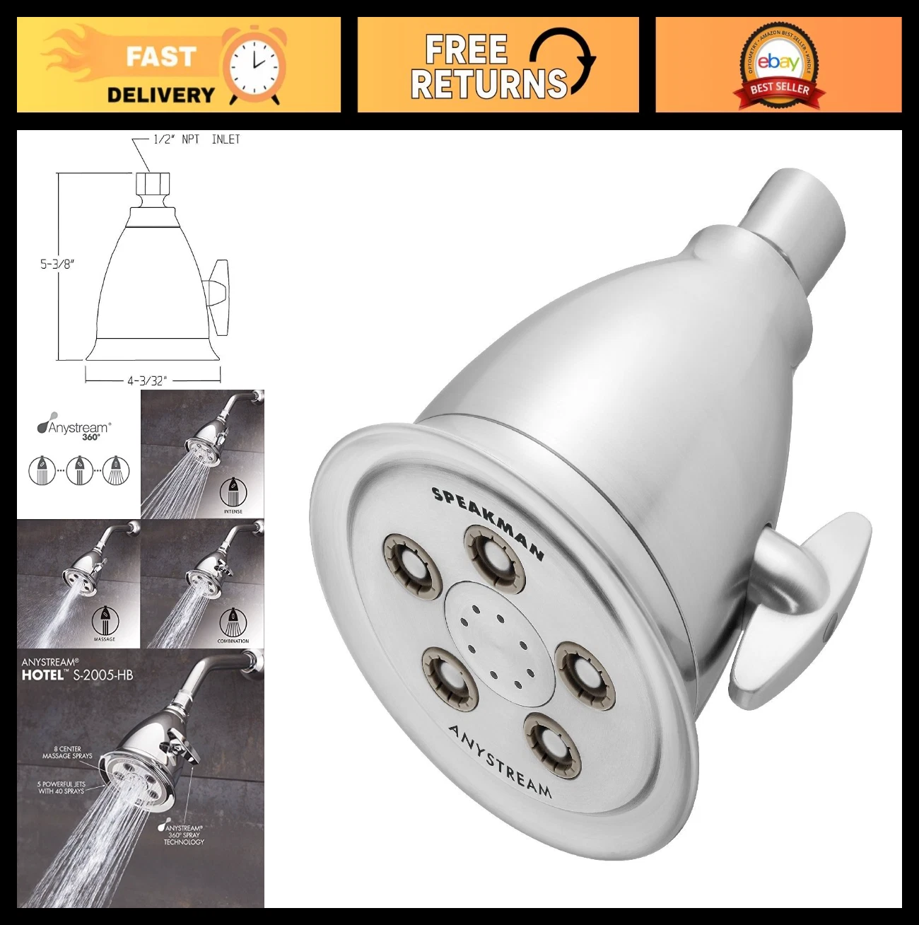 High Pressure 2.5 GPM Adjustable Shower Head, Brushed Chrome, Anystream Design