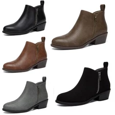 Women's Ankle Boots Chunky Low Heel Short Boots Round Toe Booties w/ Side Zipper