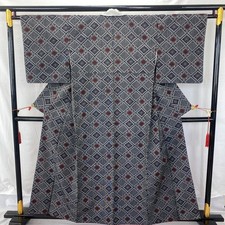 Japanese Vintage Kimono Silk Gray Oshima Tumugi Traditional Authentic Length61in