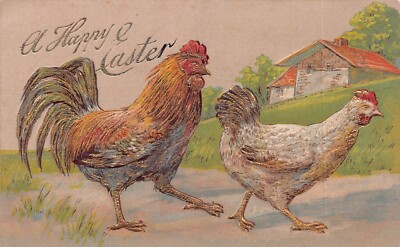 SCHÖNE OSTER POSTKARTE HUHN MIT HAHN, GEPRÄGT & GOLD OUTLING #251278