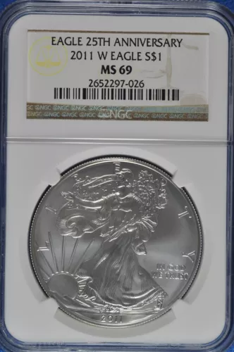 2011 W Burnished 1 OZ Silver American Eagle NGC MS 69 25th Anniversary 