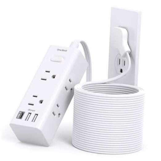 25Ft Extension Cord with Multiple Outlets, Flat Plug Power Strip 25FT White-image