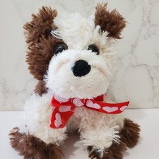 Dan Dee Puppy Dog Plush Brown Cream Shaggy Rescue 6.5" Red Heart Bow Valentine