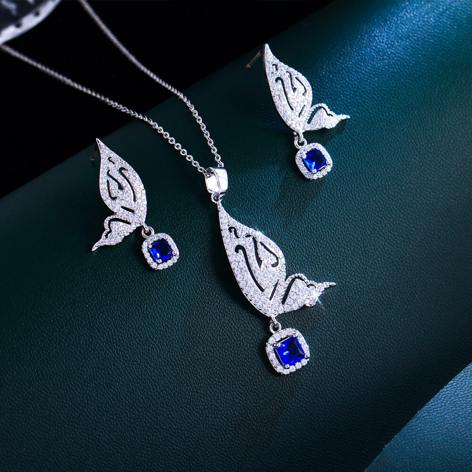 Mode Blau CZ Schmetterling Ohrhänger Halskette Ring 925 Silber Schmuck Set