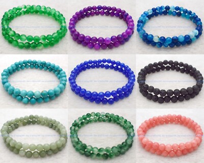 2-Pcs Modeschmuck 6mm Multicolor Edelstein Runde Perlen Elastisches Armband 19cm