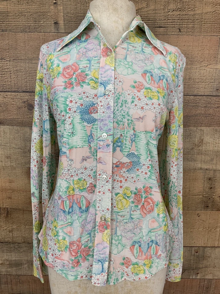 Camisa Botón Floral Jardín Novedad Cuello Puntiagudo Vintage Años 60 Años 70 Talla S Foto 2 de 4