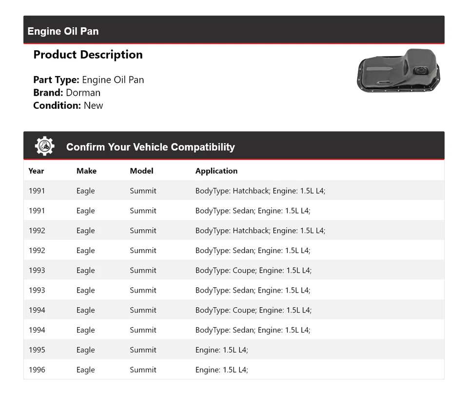 Para Eagle Summit 1991-1996 1,5 L L4 motor Dorman cárter de aceite 1992 1993 1994 1995 Foto 2 de 4
