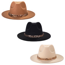 Men Women Wide Brim Fedora with Cuban Chain Jazz Wool Felt Hat Trilby Panama Cap