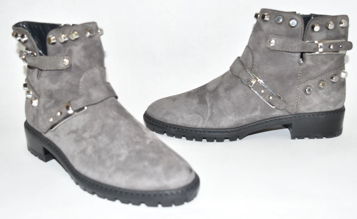 600 STUART WEITZMAN Go West Studded Bootie MOTO BIKER SUEDE GREY