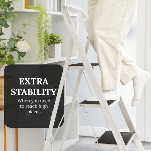 Steel Folding 3-Step Stool Ladder Adults With Soft-Grip Handle 330 Lbs White - Picture 4 of 6