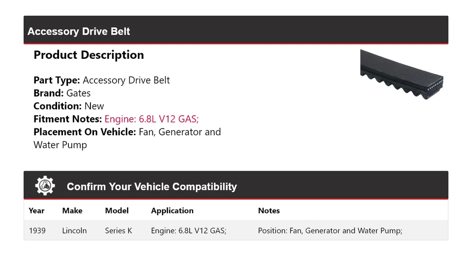 Correa de transmisión Lincoln Serie K 1939 para puertas de ventilador, generador y bomba de agua Foto 2 de 4