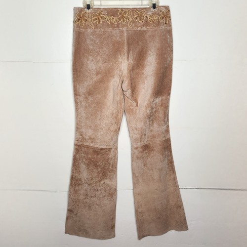 NWT Cache Dune Leather Pants Womens Size 8 Tan Brown Bootcut Flare Beaded Floral - Picture 4 of 12