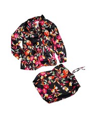 Natori  Black Silky Floral Pajama Set   Top  Drawstring Pants   Size MED