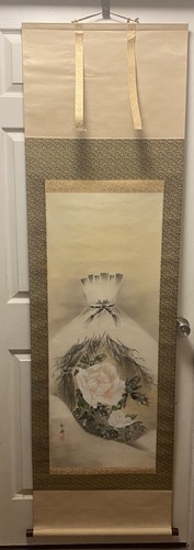 VTG HANGING SCROLL JAPANESE SILK PAINTING SNOW PEONY - Picture 8 of 12