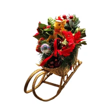 Vtg Gold Tone Wicker Sleigh Centerpiece Christmas Decor Flora Flocked Reindeer