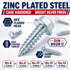 Image of Zinc Plated Hex Flange Head Self Tapping Screws No.6 8 10 12 14 Steel DIN 6928 C
