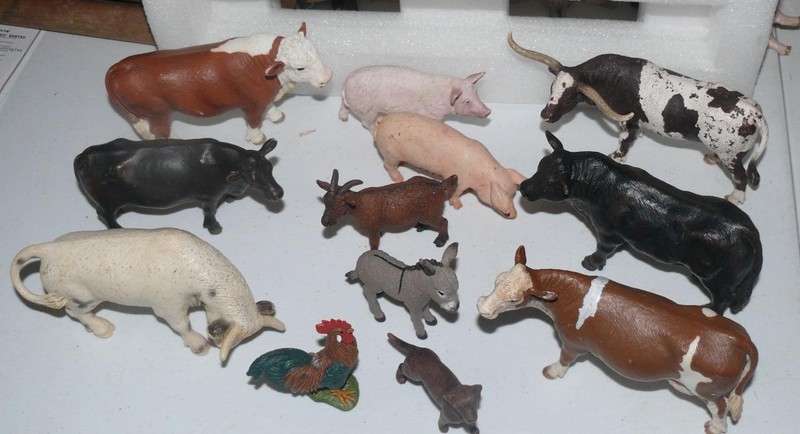 12 Vintage Schleich Farm Animals cow bull mule chicken dog goat pig rodeo