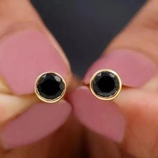 2CT Round Cut Lab Created Onyx Women's Stud Earrings 14K Yellow Gold Finish