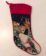 Vtg Red Needlepoint Christmas Stocking Santa Sleigh Reindeer Multicolor Loop