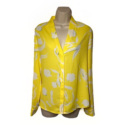 Halogen Yellow Floral Print Blouse V-Neck Button Front Long Sleeve Career Office