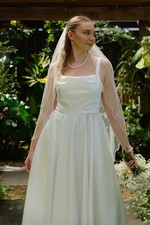 David’s Bridal White Satin Cowl Neck Midi Wedding Dress