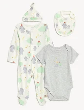 M&S Baby 4pc Pure Cotton Multi-coloured Bunny Hat Bib Sleepsuit Set 0-3 Month