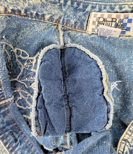 Vtg Pretty Bleu Acid Wash Denim Shirt w Applique Florals & Rhinestones Size M - Afbeelding 18 van 20