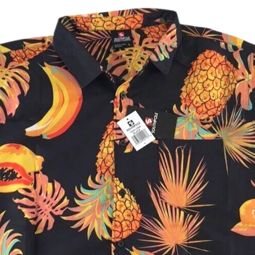 SOUTHPOLE Men's Large Shirt Short Sleeve Button Black Orange Tropical Print L