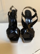 AUTHENTIC Versace Black Patent Platform Heels Size 38 Slingback Gold Stud