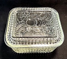 Vintage Anchor Hocking Refrigerator Dish 5" x 4.5" with Embossed Fruit On Lid