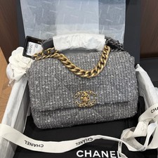 Chanel 19bag Chain Flap Bag Small Grey Tweed Gold/Silver Hardware [Duties Paid]