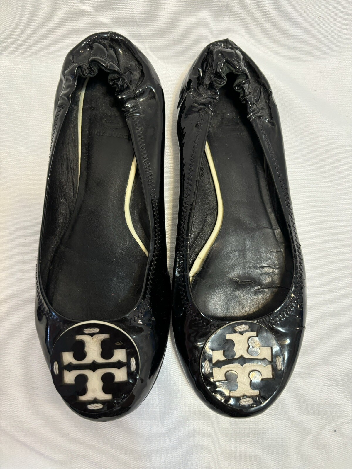 Tory Burch Black Leather Ballet Ivory Logo Flats Shoes Women’s Size 6